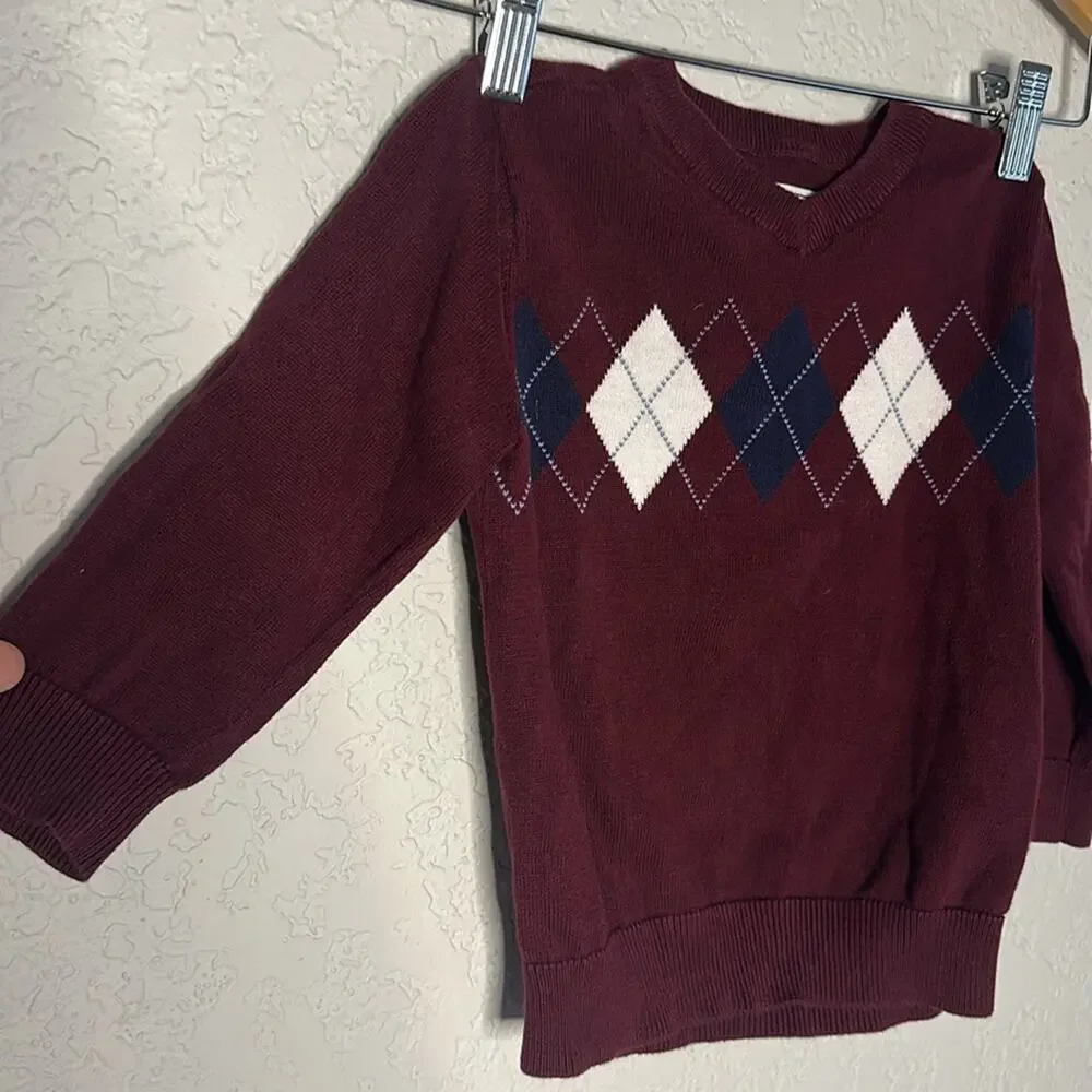 The Children’s Place Burgundy Argyle Sweater V Neck 2T Preppy Academia Golf